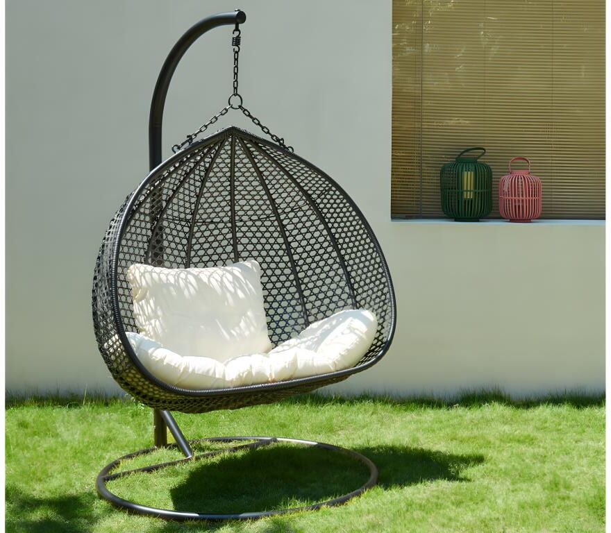 Vente-unique.ch Hängesessel 2-Sitzer Polyrattan - Anthrazit mit weißem Kissen - VAHINA