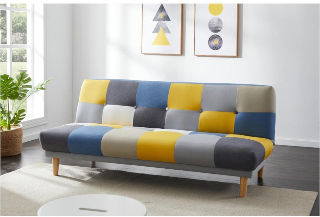 Vente-unique.ch Schlafsofa Klappsofa 3-Sitzer MARDAG - Stoff - Patchwork Grau, Blau & Gelb