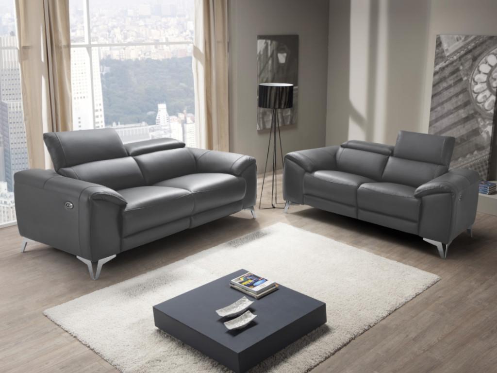 Vente-unique.ch Couchgarnitur Leder mit elektrischer Relaxfunktion 3+2 FRANSKA - Anthrazit