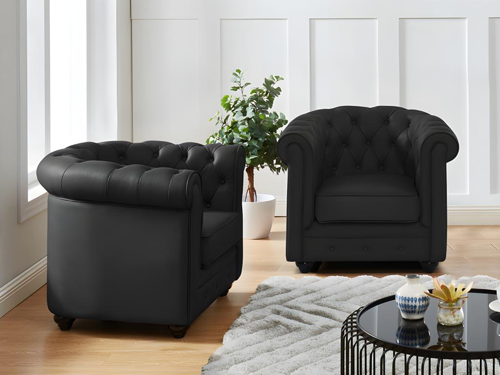 Vente-unique.ch Ledersessel 2er-Set CHESTERFIELD - Büffelleder - Schwarz