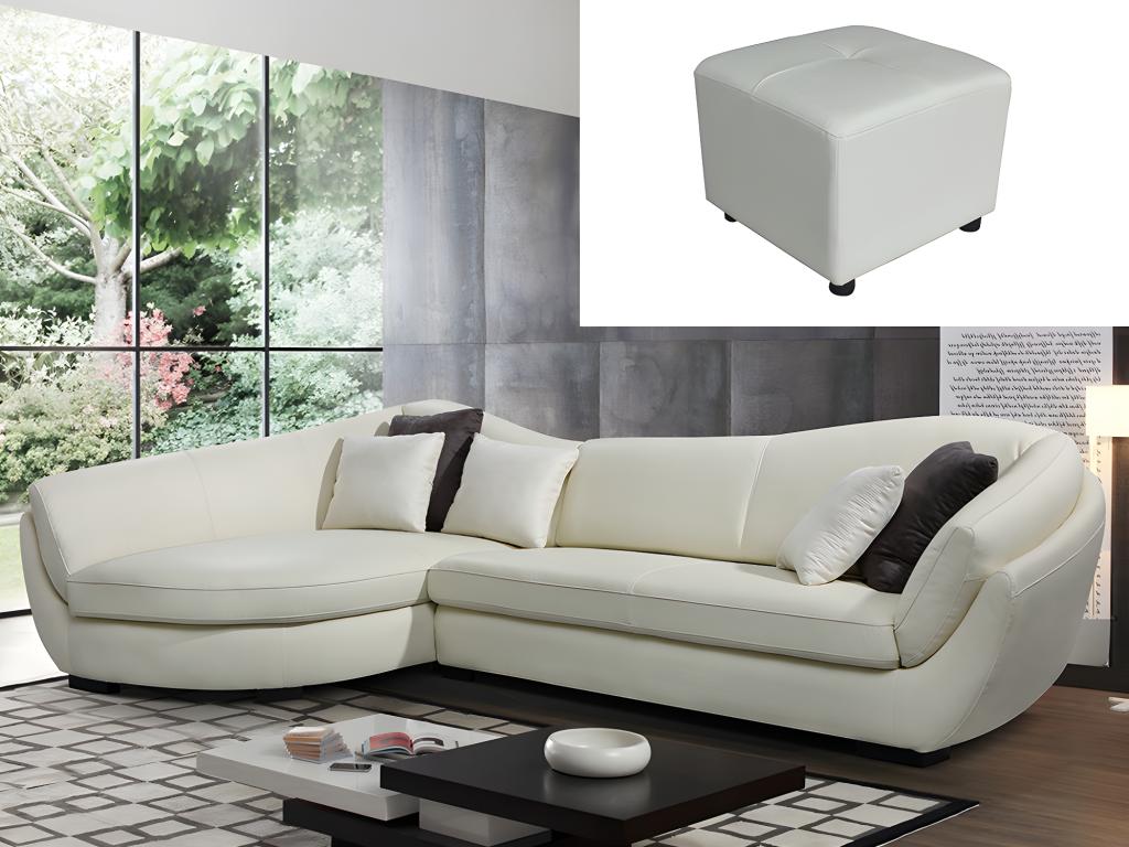 Vente-unique.ch Ecksofa 5-Sitzer + Hocker CAIPI - Büffelleder - Elfenbein - Ecke Links