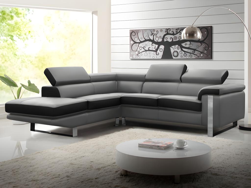 Vente-unique.ch Ecksofa Leder MYSTIQUE - Schwarz & Grau - Ecke Links