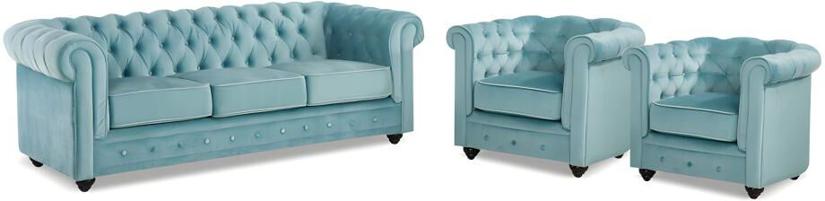 Vente-unique.ch Couchgarnitur 3+1+1 CHESTERFIELD - Samt - Hellblau