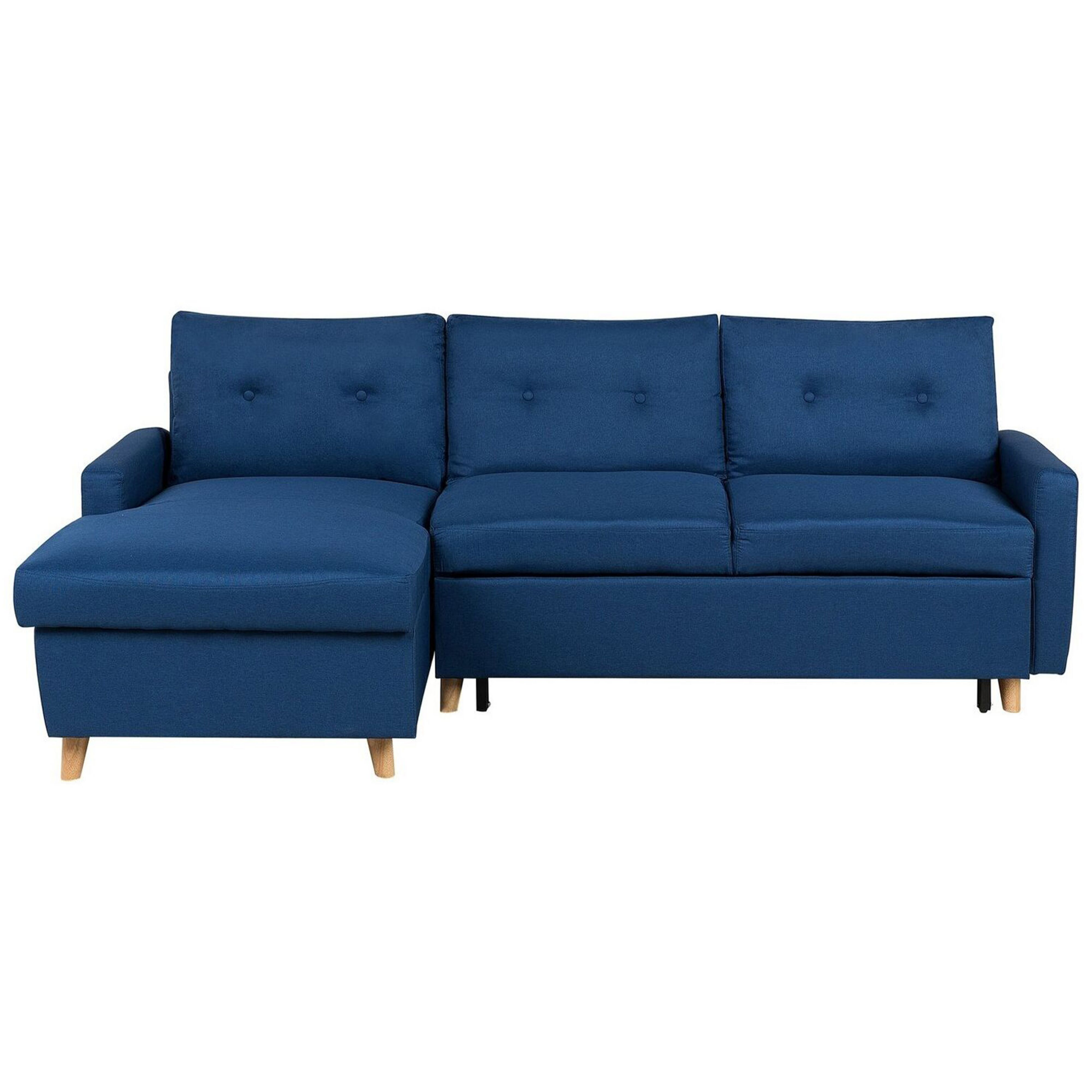 Beliani Tmavě modrá rozkládací rohová sedačka s úložným prostorem (pravostranná) FLAKK