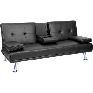 HHG - 3er-Sofa 179, Couch Schlafsofa Gästebett, Tassenhalter verstellbar 97x166cm Kunstleder, schwarz - black