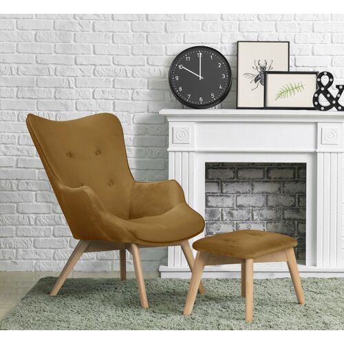 Andas Sessel ANDAS „Nicko“ Gr. Samtoptik, incl. Hocker, B/H/T: 71 cm x 96 cm x 86 cm, gelb (senf) Design-Sessel Einzelsessel Loungesessel Sessel mit Hocker wahlweise und ohne