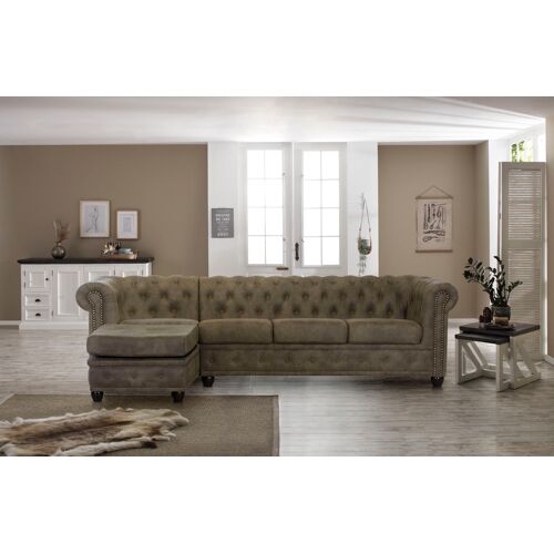 Home Affaire Chesterfield-Sofa HOME AFFAIRE „Rysum“ Sofas Gr. B/H/T: 255 cm x 72 cm x 171 cm, Luxus-Microfaser in Lederoptik, Ottomane links, grau (stone) Chesterfieldsofas Chesterfield-Optik mit Ottomanen-Abschluß