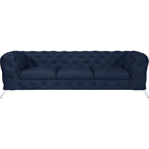 Leonique Chesterfield-Sofa LEONIQUE „Amaury“ Sofas Gr. B/H/T: 243 cm x 75 cm x 99 cm, Samtoptik, Füße chromfarben, blau Chesterfieldsofas aufwändige Knopfheftung, moderne Chesterfield Optik, Fußfarbe wählbar