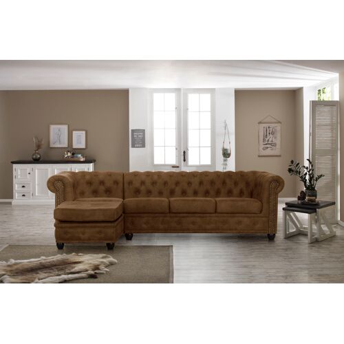 Home Affaire Chesterfield-Sofa HOME AFFAIRE „Rysum“ Sofas Gr. B/H/T: 255 cm x 72 cm x 171 cm, Luxus-Microfaser in Lederoptik, Ottomane links, braun (cognac) Chesterfieldsofas Chesterfield-Optik mit Ottomanen-Abschluß