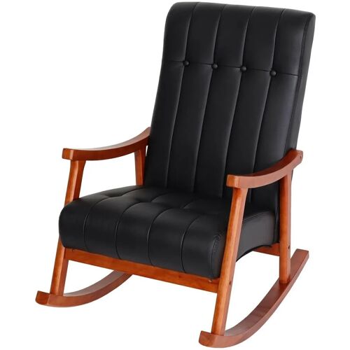 HHG Schaukelstuhl HHG 624, Schaukelsessel Schwingstuhl Relaxsessel Kunstleder schwarz, Gestell Walnuss-Optik – black