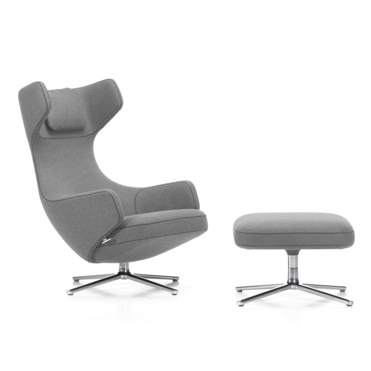 Vitra - Grand Repos Sessel und Ottoman, Cosy hellgrau (01 kieselgrau), Aluminium poliert (Filzgleiter)