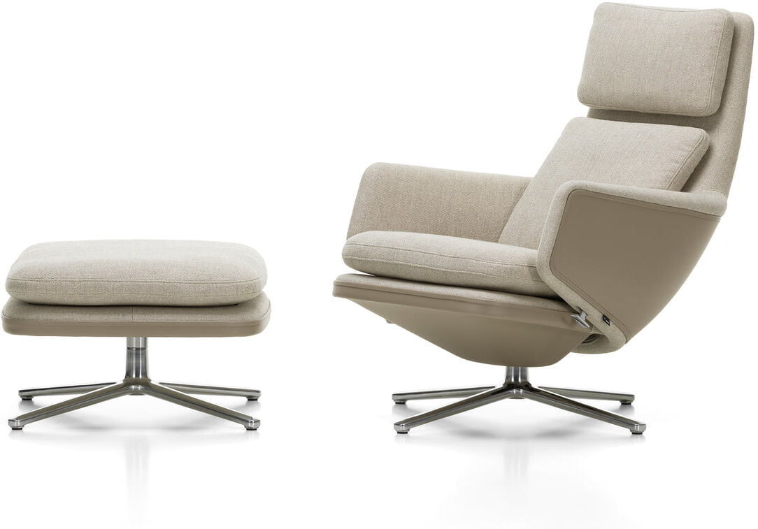 Vitra - Grand Relax Sessel & Ottoman, Sitzhöhe 465 mm, Aluminium poliert, Leder Premium F sand / Corsaro (05 Stone Melange), Filzgleiter