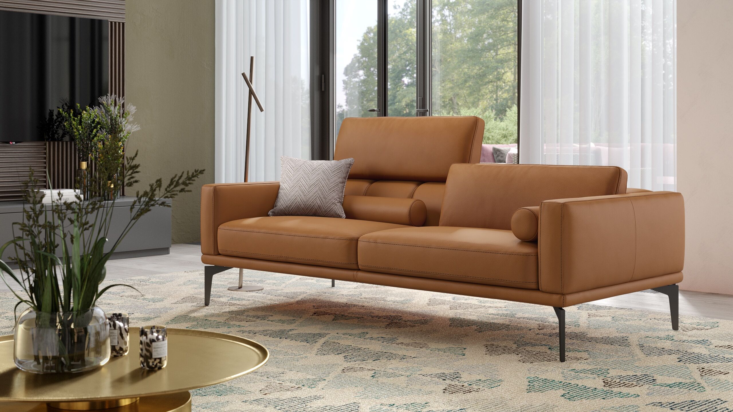 sofanella Designer Couch 3-Sitzer SALERNO Leder Sofa Ledercouch 197x97x72cm Orange