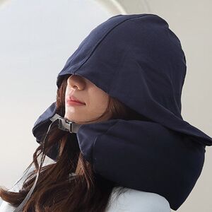 shopnbutik Portable Airplane Travel U-shaped Hooded Pillow Nap Time Neck Pillow(Navy Blue)