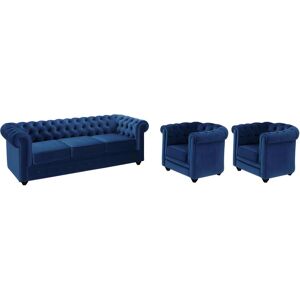 Unique Sofá 3 plazas y 2 sillones de terciopelo CHESTERFIELD - Azul noche