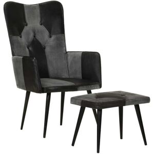 vidaXL Sillón con reposapiés cuero auténtico y lona negro