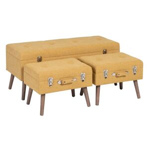 LOLAhome Set de 3 puffs arcón maleta mostaza de tela y madera