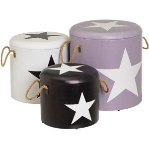 LOLAhome Set de 3 puffs arcón con estrella tapizados de polipiel en blanco negro y gris