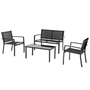 LOLAhome Conjunto de sofá 2 plazas, mesa de centro y 2 sillones de acero grafito, textileno y cristal templado