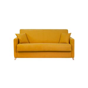 Miliboo Sofá cama 3 plazas efecto aterciopelado amarillo mostaza con colchón de 12 cm SKANDY