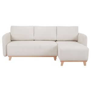Miliboo Sofá cama chaise longue reversible 3-4 plazas de tejido efecto aterciopelado texturizado beige y madera clara ROMANE