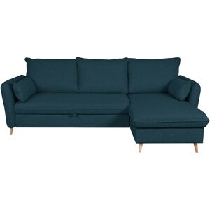 Miliboo Sofá cama con chaise longue 3-4 plazas con canapé de tela azul marino y madera clara DRISS