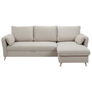 Miliboo Sofá cama con chaise longue 3-4 plazas con canapé de tela beige y madera clara DRISS