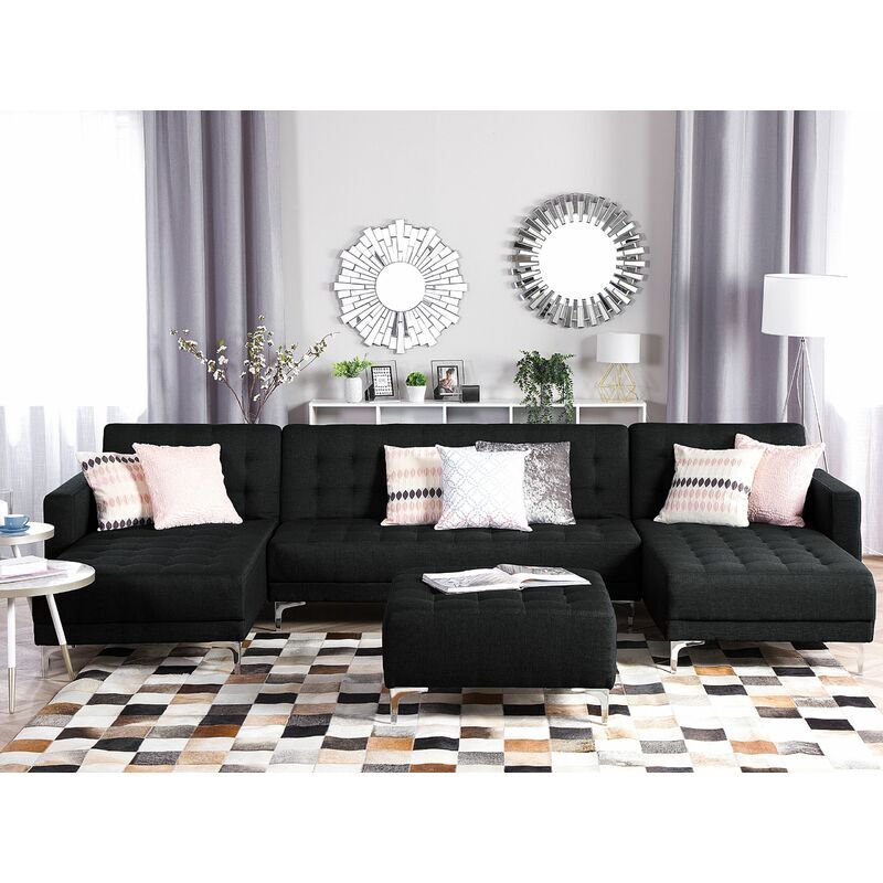 Beliani - Sofá cama tapizado en forma de U gris grafito con reposapiés