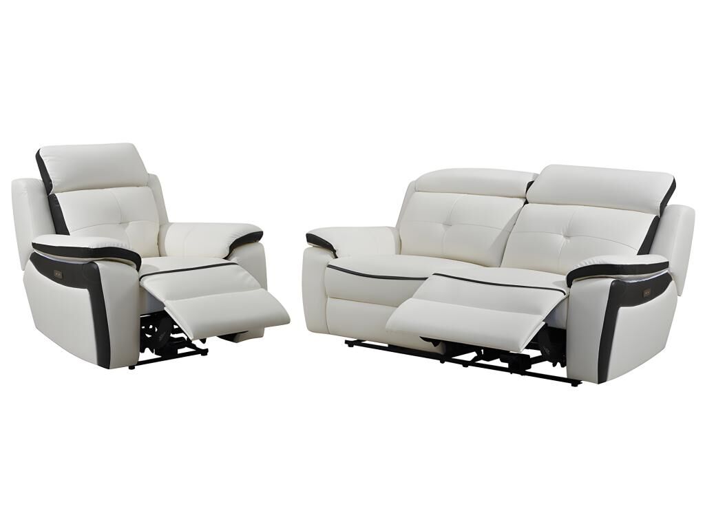 Unique Sofá de 3 plazas y sillón relax eléctrico de piel ANGELIQUE - Blanco/antracita