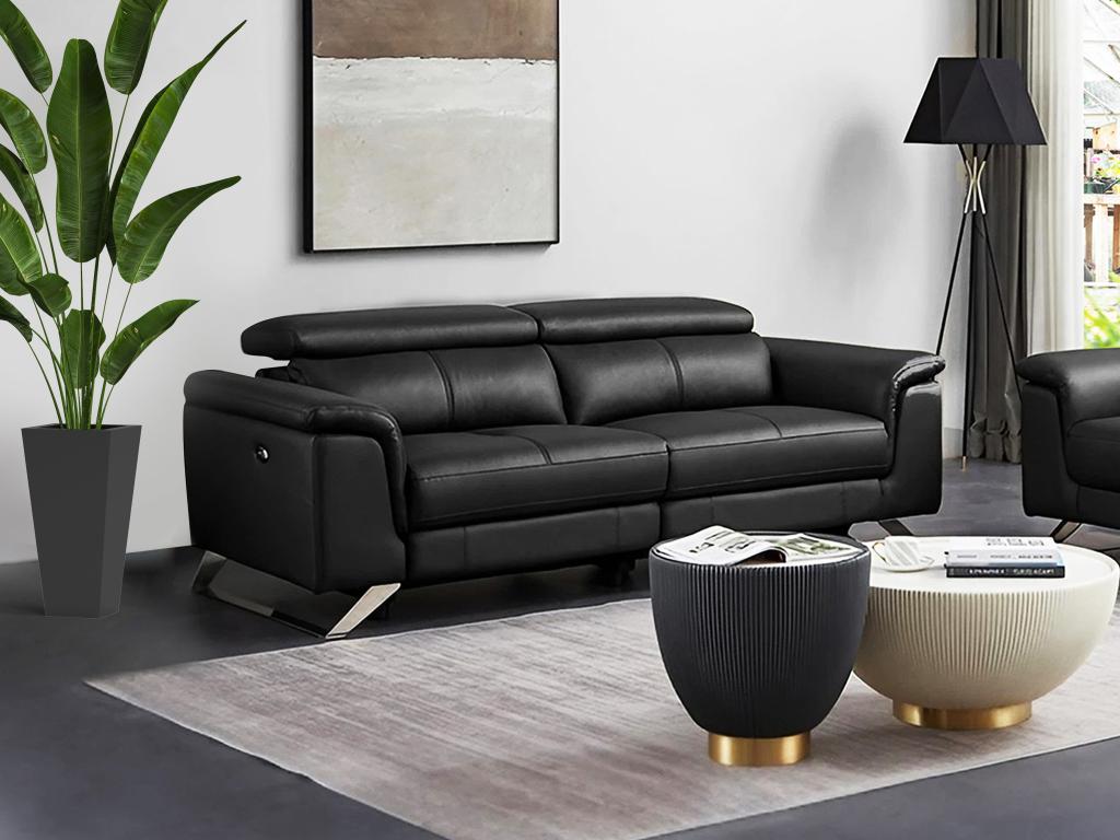 Unique Sofá de 3 plazas relax eléctrico de piel de becerro negro BREYT II