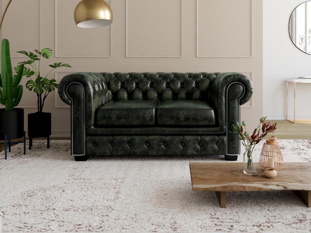 LINEA SOFA Sofá 2 plazas chesterfield BRENTON 100% piel de búfalo  - Verde