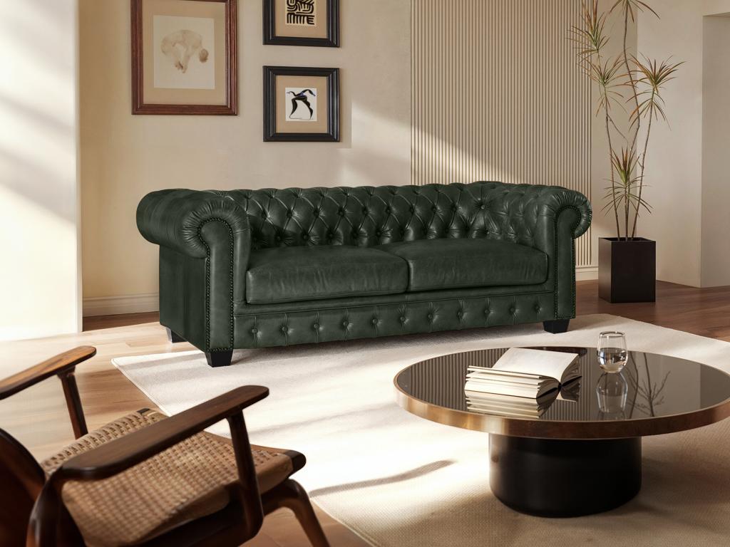 LINEA SOFA Sofá 3 plazas chesterfield BRENTON 100% piel de búfalo - Verde