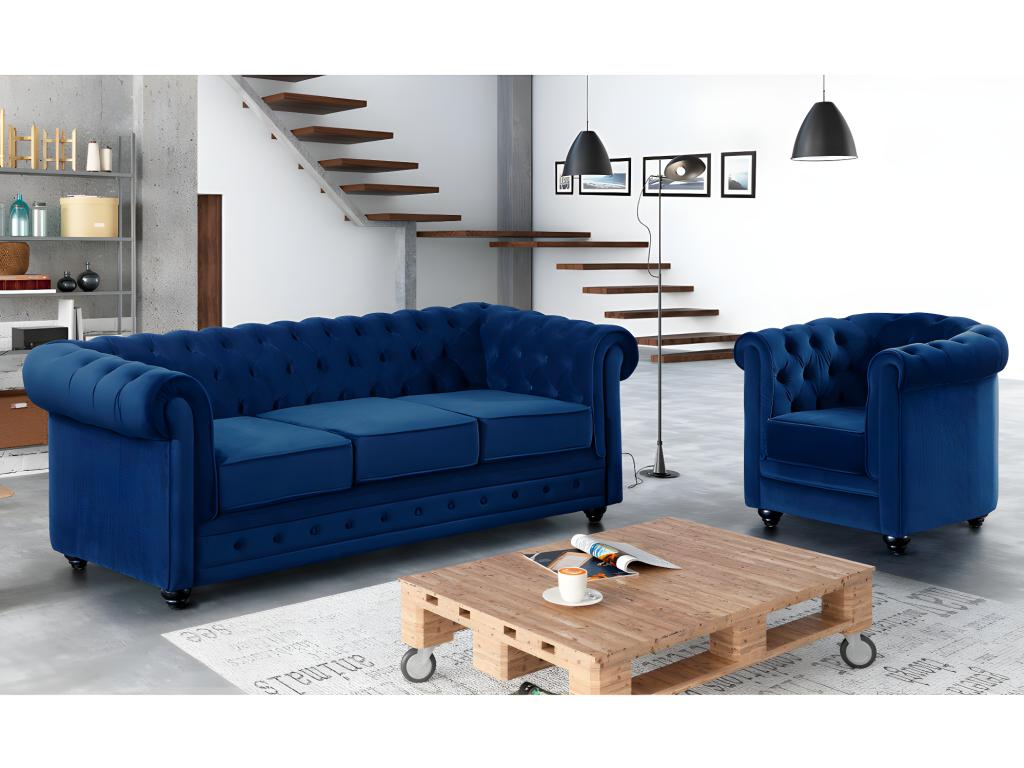 Unique Sofá 3 plazas y sillón de terciopelo CHESTERFIELD - Azul noche