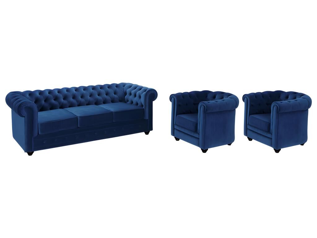 Unique Sofá 3 plazas y 2 sillones de terciopelo CHESTERFIELD - Azul noche