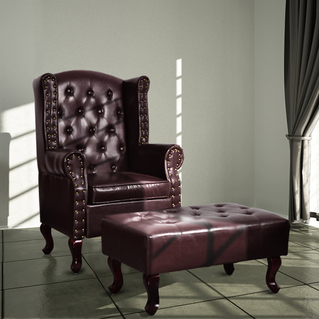 vidaXL Sillón con reposapiés cuero sintético marrón oscuro