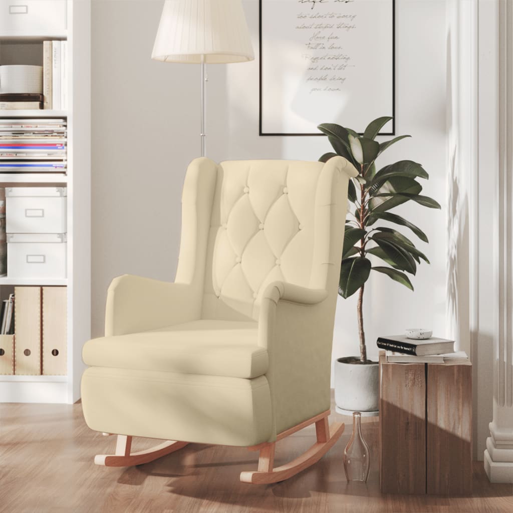 vidaXL Sillón con patas mecedoras madera maciza caucho y tela crema