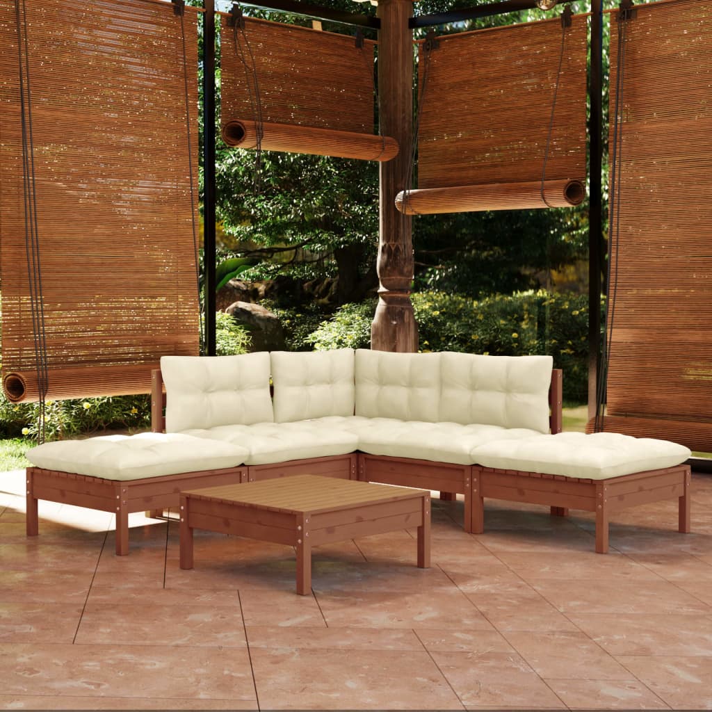 vidaXL Muebles de jardín 6 pzas y cojines madera de pino marrón miel