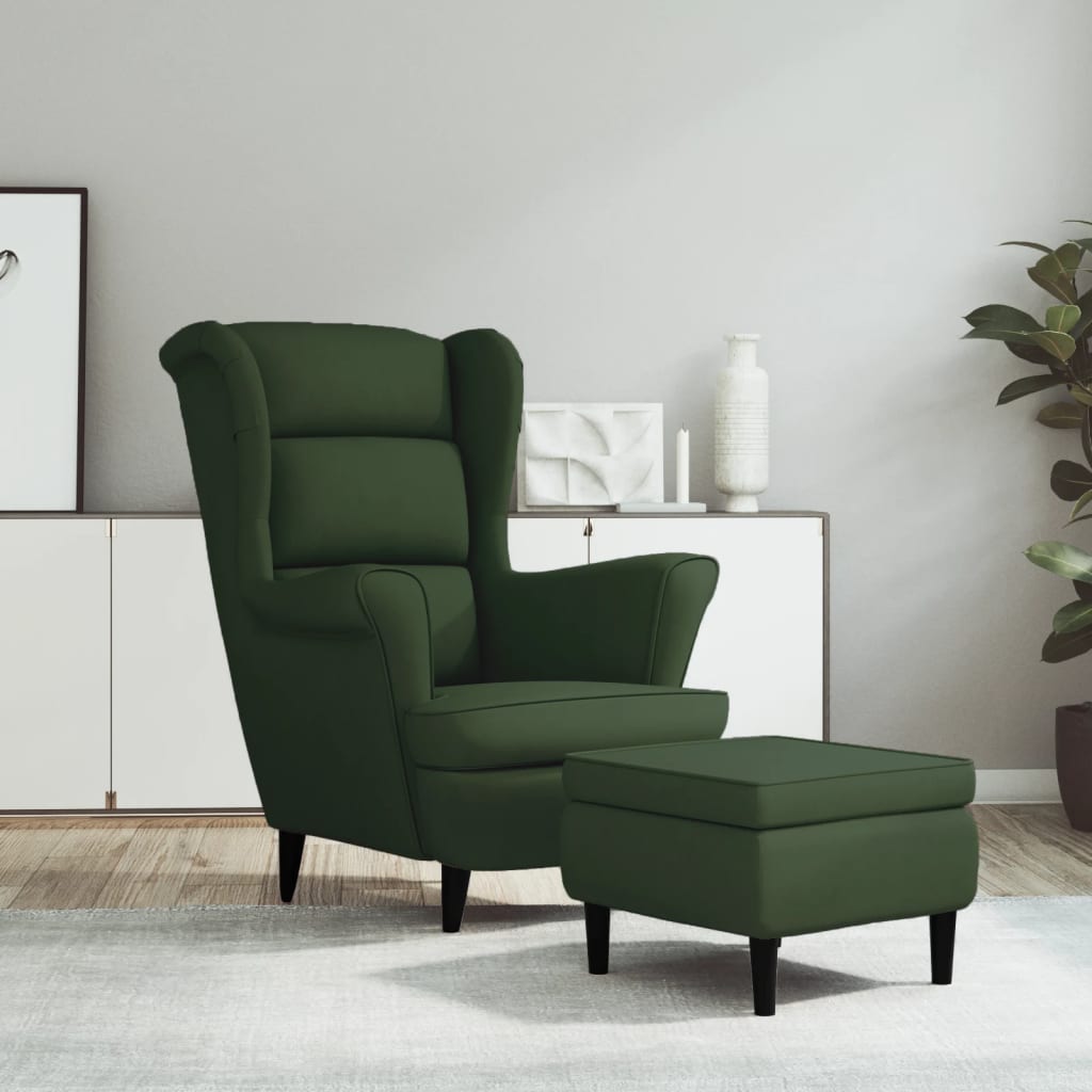 vidaXL Sillón orejero y taburete de terciopelo verde oscuro