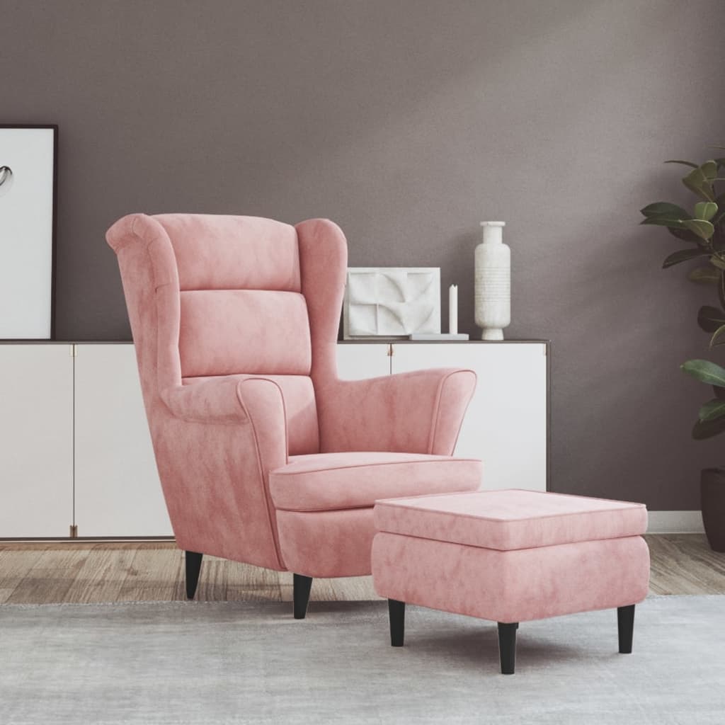 vidaXL Sillón orejero y taburete de terciopelo rosa