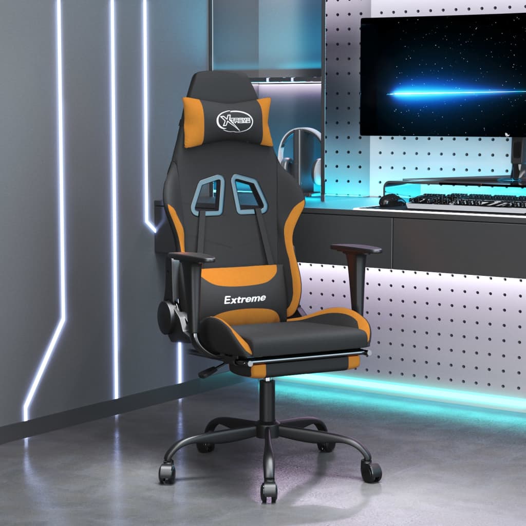 vidaXL Silla gaming de masaje con reposapiés tela negro y naranja