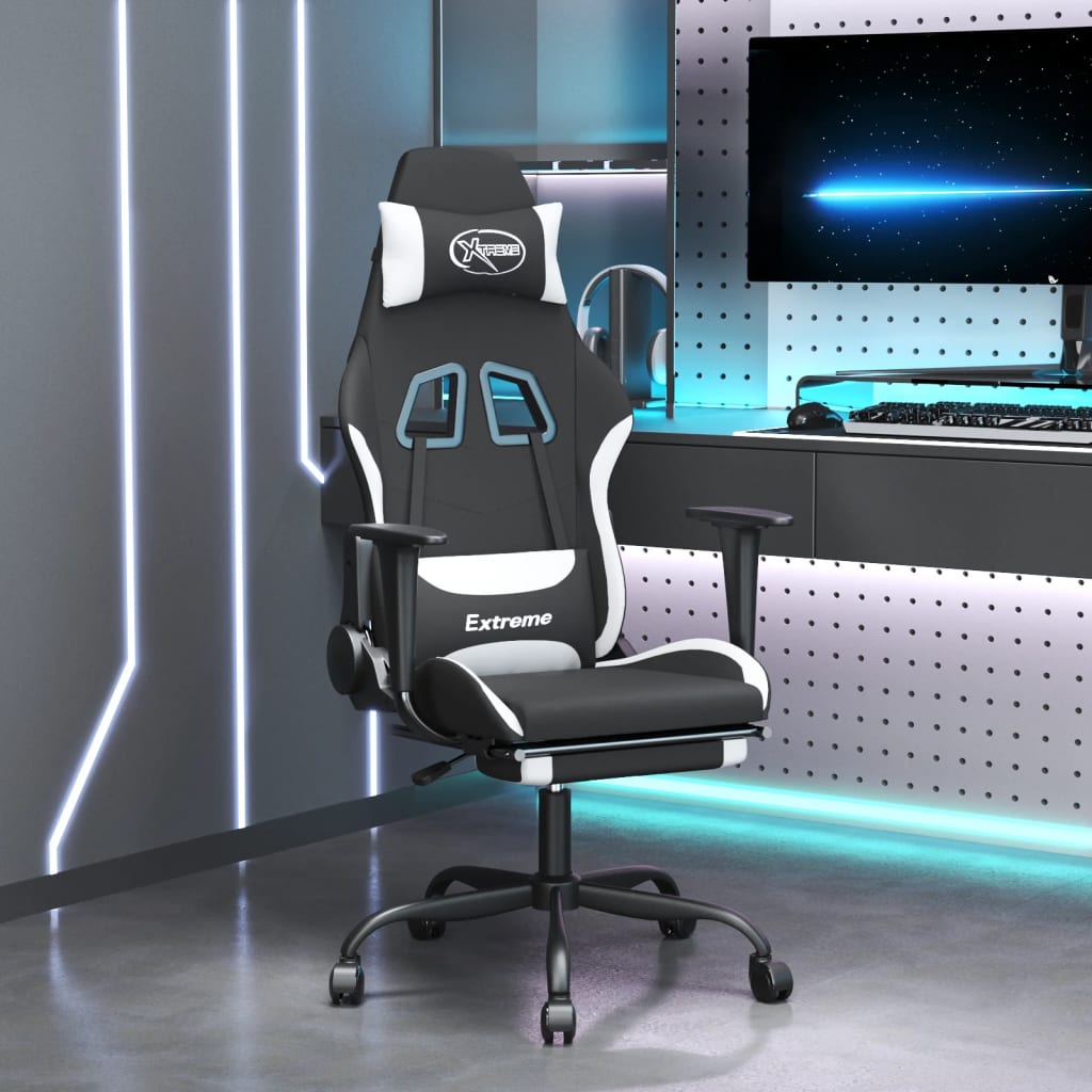 vidaXL Silla gaming de masaje con reposapiés tela negro y blanco