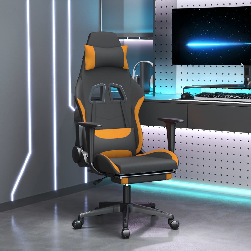 vidaXL Silla gaming de masaje con reposapiés tela negro y naranja