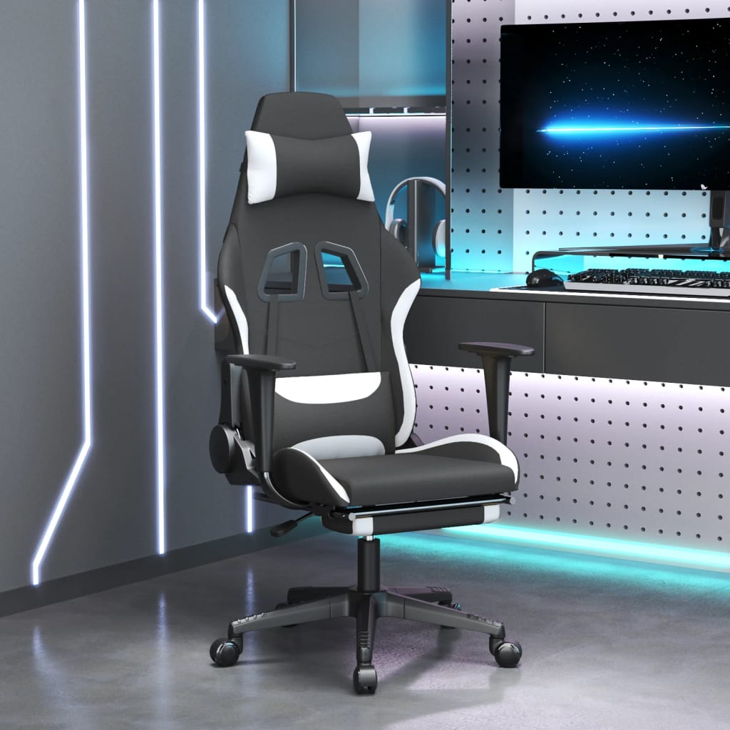 vidaXL Silla gaming de masaje con reposapiés tela negro y blanco