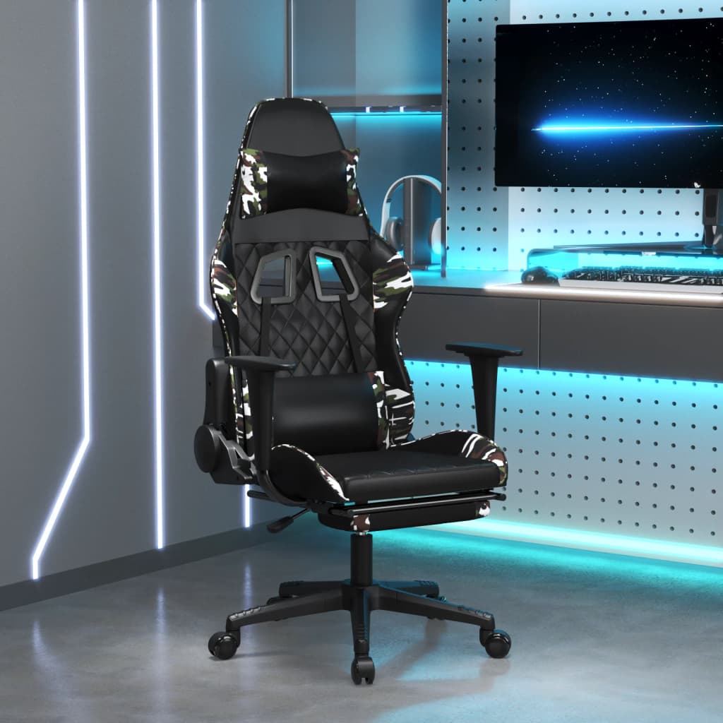 vidaXL Silla gaming masaje reposapiés cuero sintético negro camuflaje