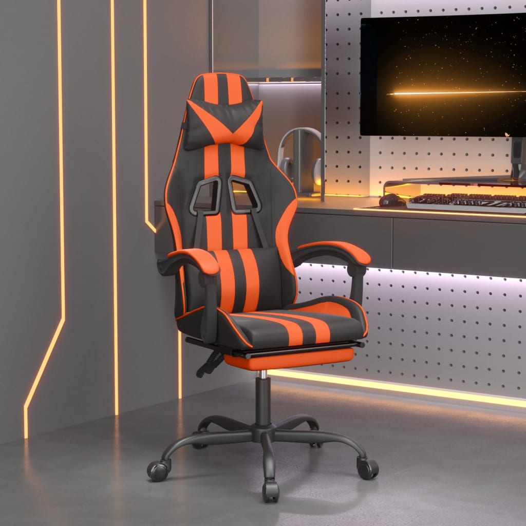 vidaXL Silla gaming giratoria reposapiés cuero sintético negro naranja