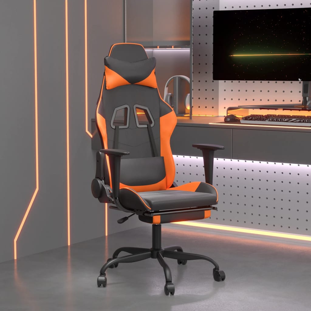 vidaXL Silla gaming con reposapiés cuero sintético negro naranja