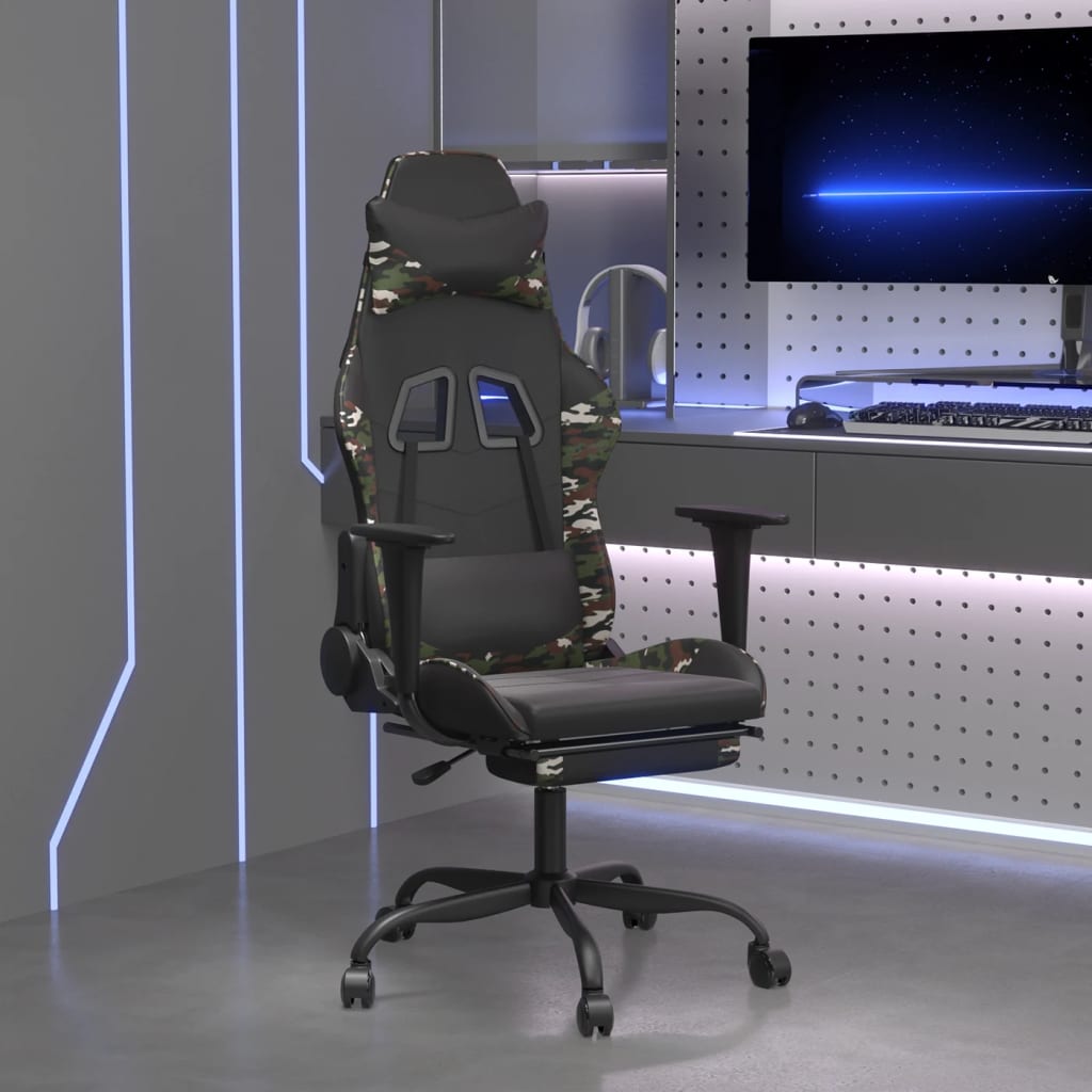 vidaXL Silla gaming con reposapiés cuero sintético negro camuflaje