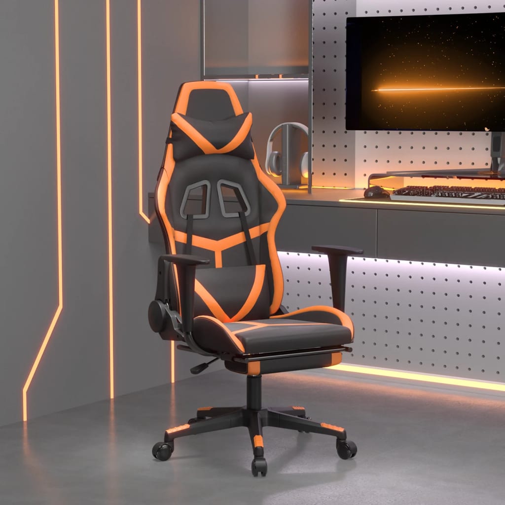 vidaXL Silla gaming con reposapiés cuero sintético negro naranja