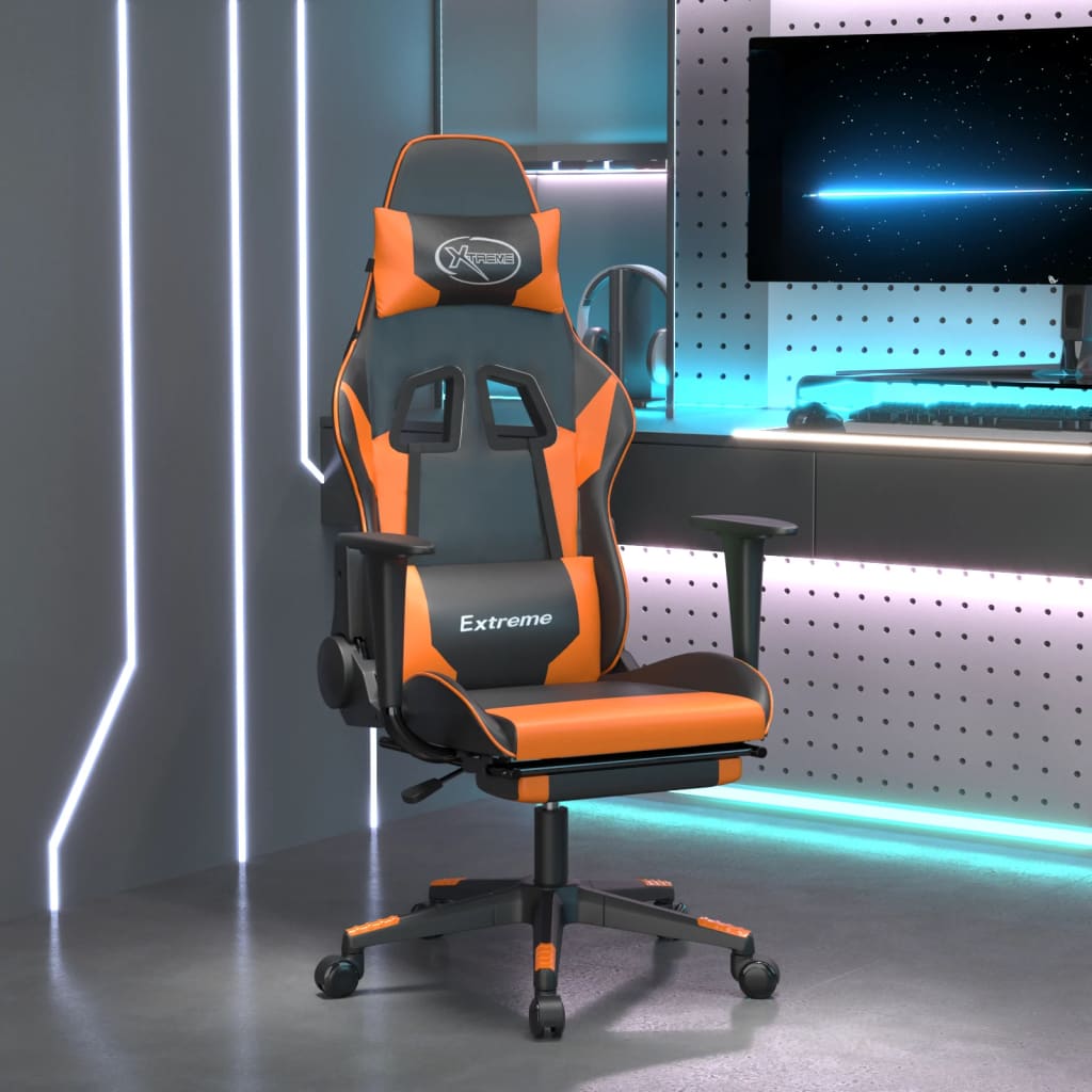 vidaXL Silla gaming con reposapiés cuero sintético negro naranja