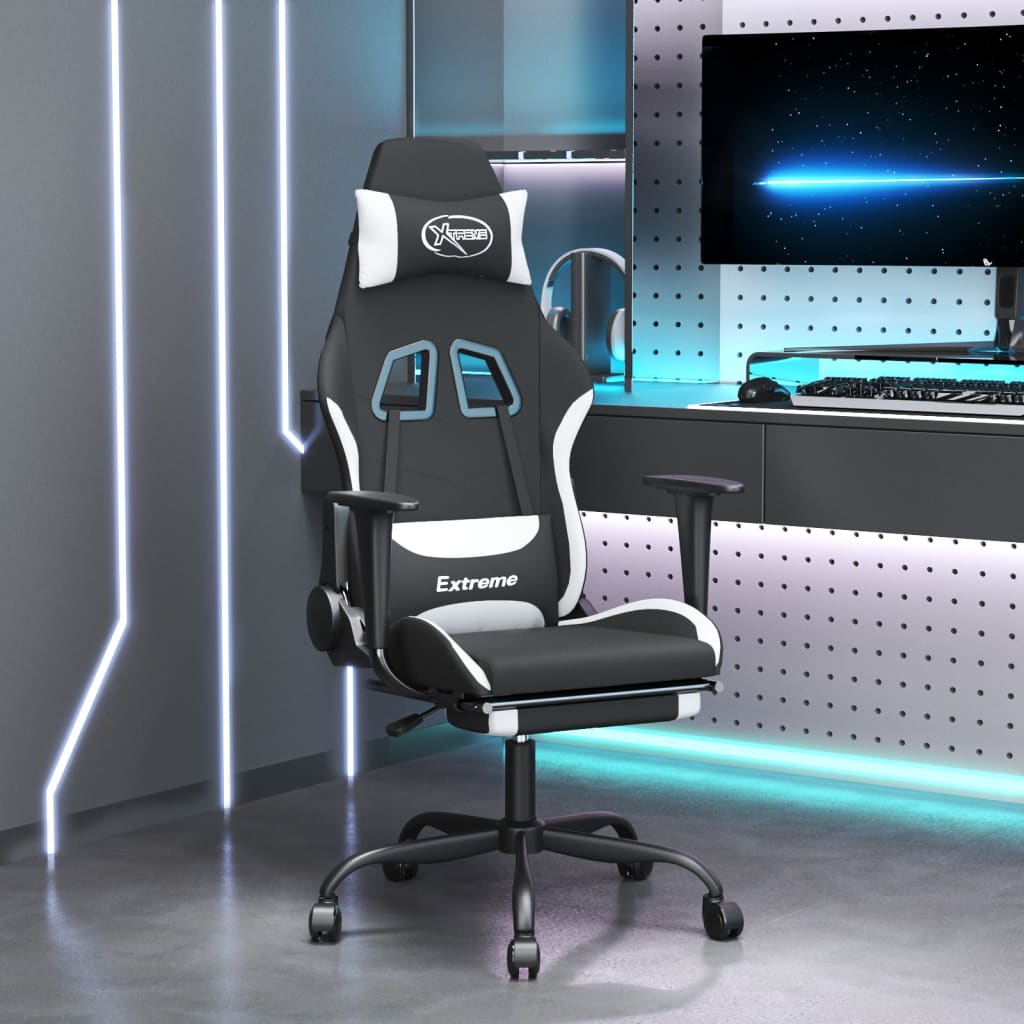 vidaXL Silla gaming con reposapiés tela negro y blanco